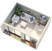 Innenraum eines Gartenhauses mit Möbeln und Dekoration