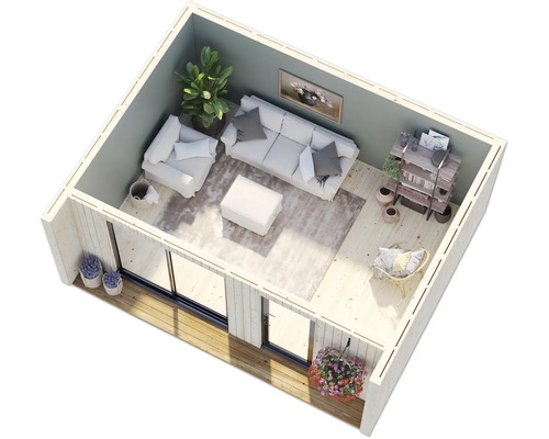 Innenraum eines Gartenhauses mit Möbeln und Dekoration