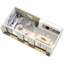 Innenansicht eines modernen Holzhauses mit Wohnbereich, Küche und Essbereich