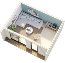 Innenansicht eines modernen Gartenhauses mit Sofa, Tisch und Einrichtung