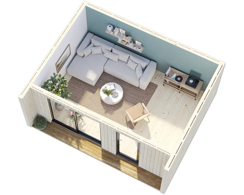 Innenansicht eines modernen Gartenhauses mit Sofa, Tisch und Einrichtung