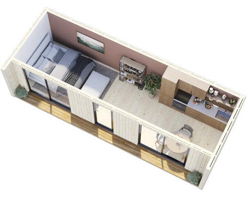 Draufsicht eines modularen Hauses mit Schlafzimmer, Küche und Terrasse