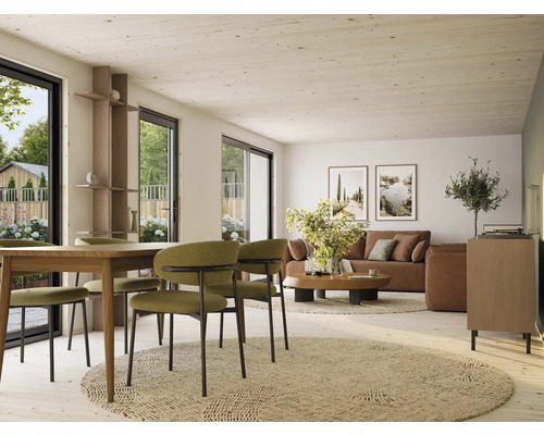 Heller Wohnraum mit Esstisch, Stühlen, Sofa und Dekorationen in hellem Holz