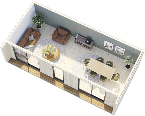 Innenansicht eines modernen Wohnzimmers mit Möbeln und Pflanzen