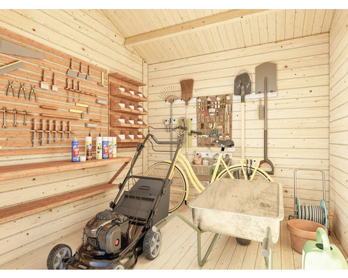 Aufgeräumter Geräteschuppen mit Rasenmäher, Schubkarre und Werkzeugen