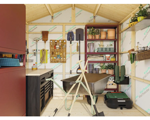 Gartenschuppen Innenansicht mit Werkbank, Regalen, Schubkarre und Gartengeräten.