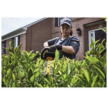 Eine Frau schneidet eine Hecke mit einer Heckenschere.