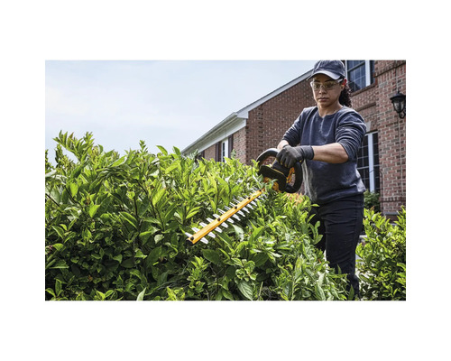 Eine Frau schneidet eine Hecke mit einer Heckenschere im Garten.