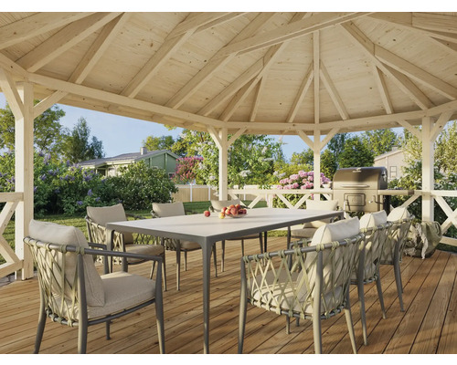 Pavillon mit Esstisch, Stühlen und Grill für den Außenbereich