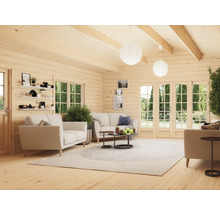 Wohnzimmer in einem Holzhaus mit Sofas, Teppich und Fenstern