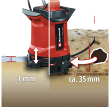 Einhell Logo. Rote Schmutzwasserpumpe mit einer Förderhöhe von circa 35 Millimetern und einer minimalen Saughöhe von 1 Millimeter.