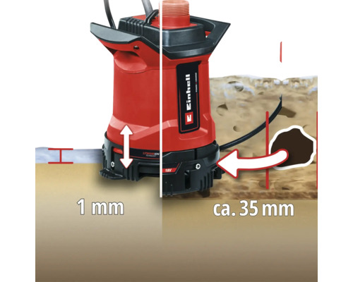 Einhell Logo. Rote Schmutzwasserpumpe mit einer Förderhöhe von circa 35 Millimetern und einer minimalen Saughöhe von 1 Millimeter.