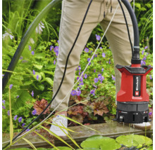 Einhell Logo. Tauchpumpe im Einsatz in einem Gartenteich.