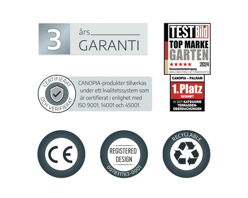 Symbole für drei Jahre Garantie, Auszeichnung Top Marke Garten 2024, ISO-Zertifizierung, CE-Kennzeichnung, eingetragenes Design und recyclingfähig.