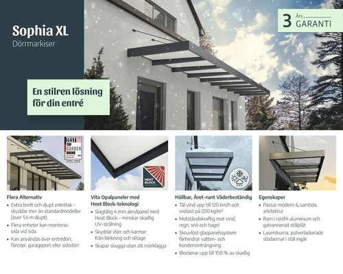 Modernes Aluminium-Vordach Sophia XL mit opalen Acrylpaneelen, wetterfest bei Schnee und Sonne, für Hauseingänge geeignet, 3 Jahre Garantie.