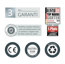 Symbole für drei Jahre Garantie, Auszeichnung Top Marke Garten 2024, ISO-Zertifizierung, CE-Kennzeichnung, eingetragenes Design und recyclingfähig.