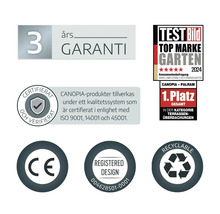 3 Jahre Garantie, Test Bild Auszeichnung Top Marke Garten 2024, ISO-zertifiziert, CE-Kennzeichnung, geschütztes Design und recycelbar.
