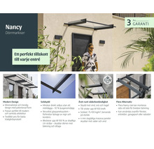 Infografik zur Nancy Türmarkise über einem Hauseingang mit modernem Design, Sonnenschutz, Wetterbeständigkeit und 3 Jahren Garantie.