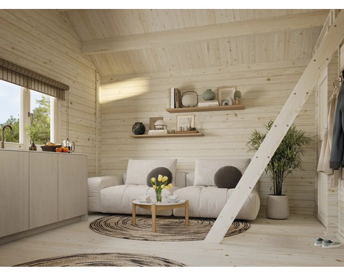 Helles Blockhaus-Interieur mit Sitzecke, Küchenzeile und Leiter zum Schlafboden
