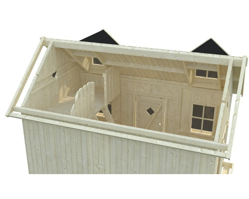 Innenansicht eines Holzhauses mit Fenstern und Tür