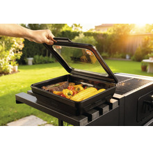 Grillbox mit Steak, Paprika und Maiskolben auf Grill im Garten