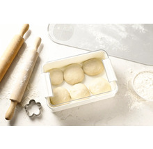 Teig in Frischhaltedose neben Nudelholz, Ausstechform und Teigunterlage