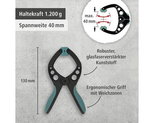 Federzwinge aus glasfaserverstärktem Kunststoff mit ergonomischem Griff und einer Spannweite von 40 Millimeter