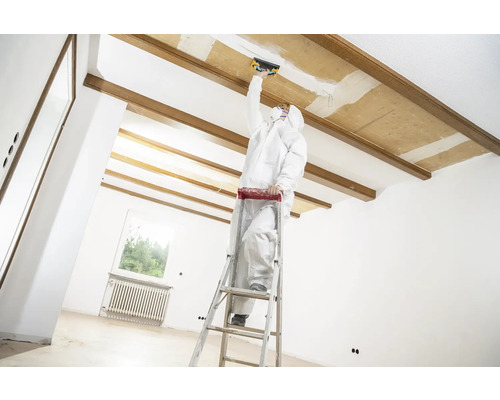 Handwerker auf einer Leiter bei Renovierungsarbeiten an einer Decke in einem hellen Raum.