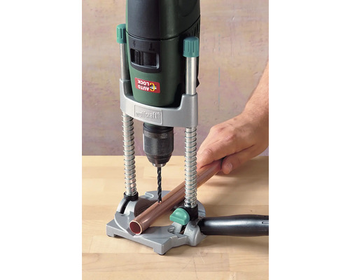 Wolfcraft Bohrständer mit Bohrmaschine und Kupferrohr