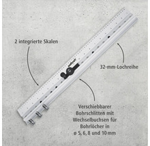 Wolfcraft Bohrlehre mit zwei integrierten Skalen, einer 32 Millimeter Lochreihe und verschiebbarem Bohrschlitten für Bohrlöcher mit 5, 6, 8 und 10 Millimeter Durchmesser.