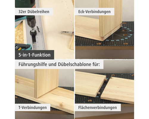 Führungshilfe und Dübelschablone für Dübelreihen, Eckverbindungen, T-Verbindungen und Flächenverbindungen.