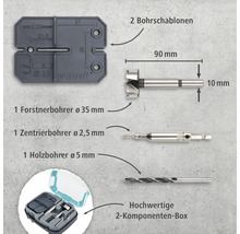 Wolfcraft Forstnerbohrer Set mit zwei Bohrschablonen, einem Forstnerbohrer mit 35 Millimeter Durchmesser, einem Zentrierbohrer mit 2,5 Millimeter Durchmesser, einem Holzbohrer mit 5 Millimeter Durchmesser und einer Werkzeugbox