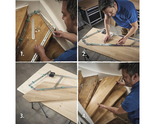 Mehrteiliges Bild zur Verwendung einer Treppenschablone zum Zuschneiden von Holzstufen