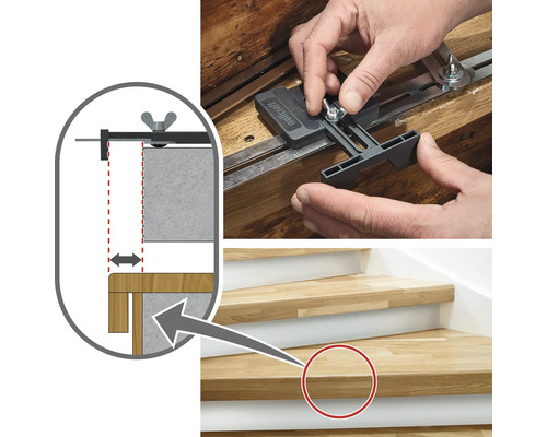 Anwendung einer Treppenwinkel-Montagelehre von Wolfcraft auf einer Holztreppe