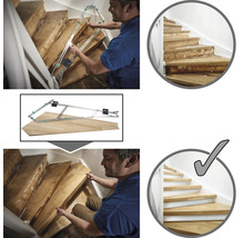 Demonstration der Treppenrenovierung mit einer Schablone und vorher-nachher Vergleich.