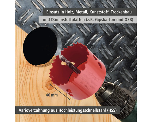 Lochsäge aus Hochleistungsschnellstahl zum Einsatz in Holz, Metall, Kunststoff, Trockenbau- und Dämmstoffplatten mit einem Durchmesser von 40 Millimeter