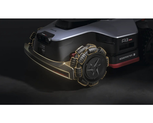 Detailansicht eines Mähroboters mit Fokus auf das Raddesign