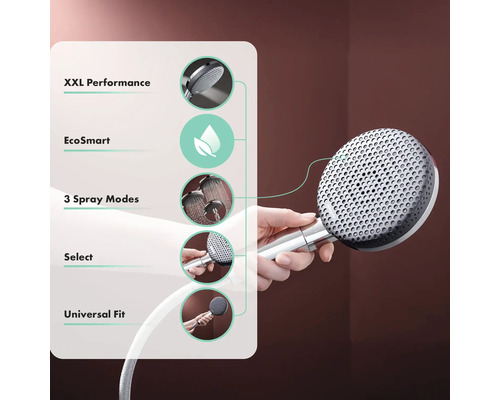 Handbrause mit den Merkmalen XXL Performance, EcoSmart, drei Strahlarten, Select und Universal Fit.