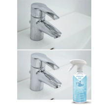 Vorher-nachher-Vergleich eines Wasserhahns mit Kalkreiniger und RAKKUUN Logo