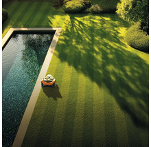 Rasenroboter auf einem Rasen neben einem Pool im Garten