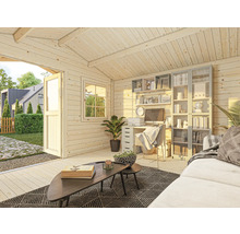 Innenansicht eines Gartenhauses mit Büromöbeln und Wohnbereich