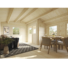 Helle Holzhütte mit Wohnbereich und Essbereich, eingerichtet mit Sofa, Teppich, Esstisch und Stühlen.