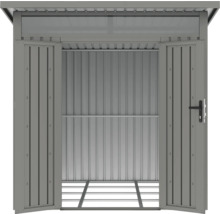 Offener Geräteschuppen aus Metall mit Regalböden