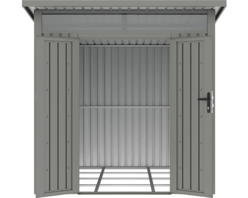 Offener Geräteschuppen aus Metall mit Regalböden