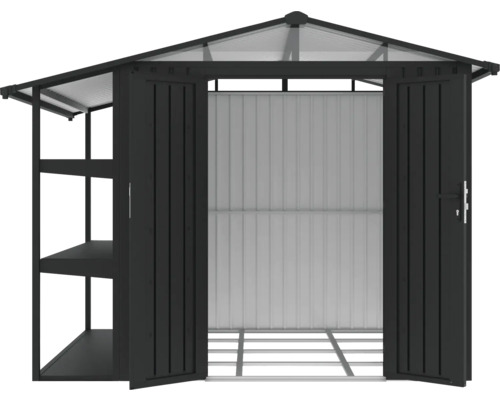 Offener Geräteschuppen mit Regalen und Doppeltür