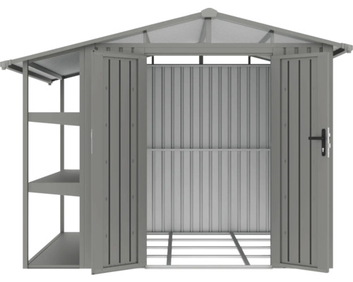 Geräteschuppen aus Metall mit Regalen und offenen Türen.