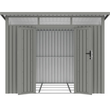 Geöffneter, grauer Metallgeräteschuppen