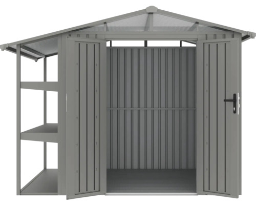 Geräumiger Geräteschuppen aus Metall mit geöffneten Türen