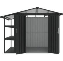 Gartenschrank aus Metall mit Regalen und Doppeltür für den Aussenbereich.