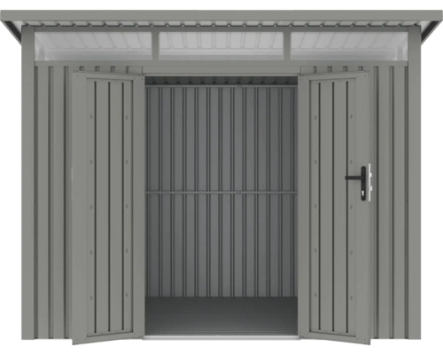 Geöffneter Geräteschuppen aus Metall